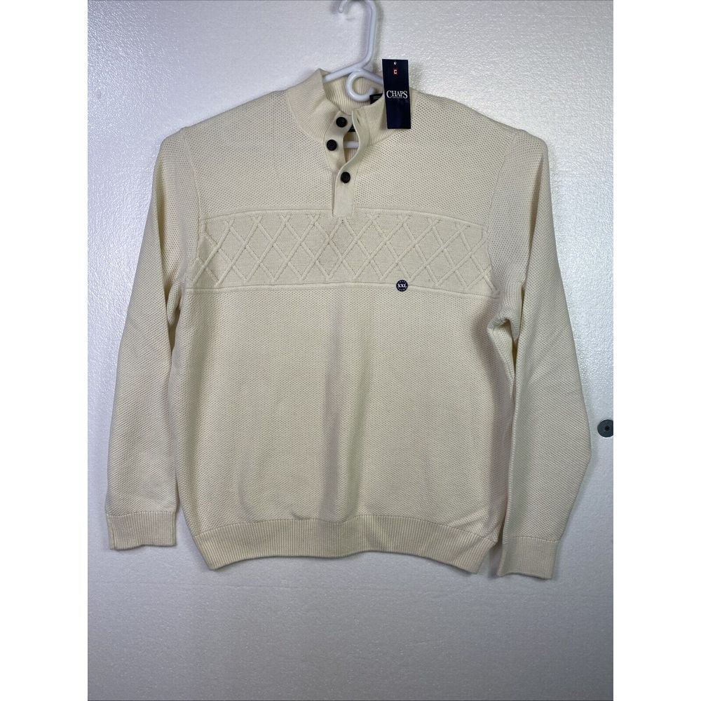 Chaps Sweater Mens XXL Cream Blade collar 1/4 Button pull over Thick weave New